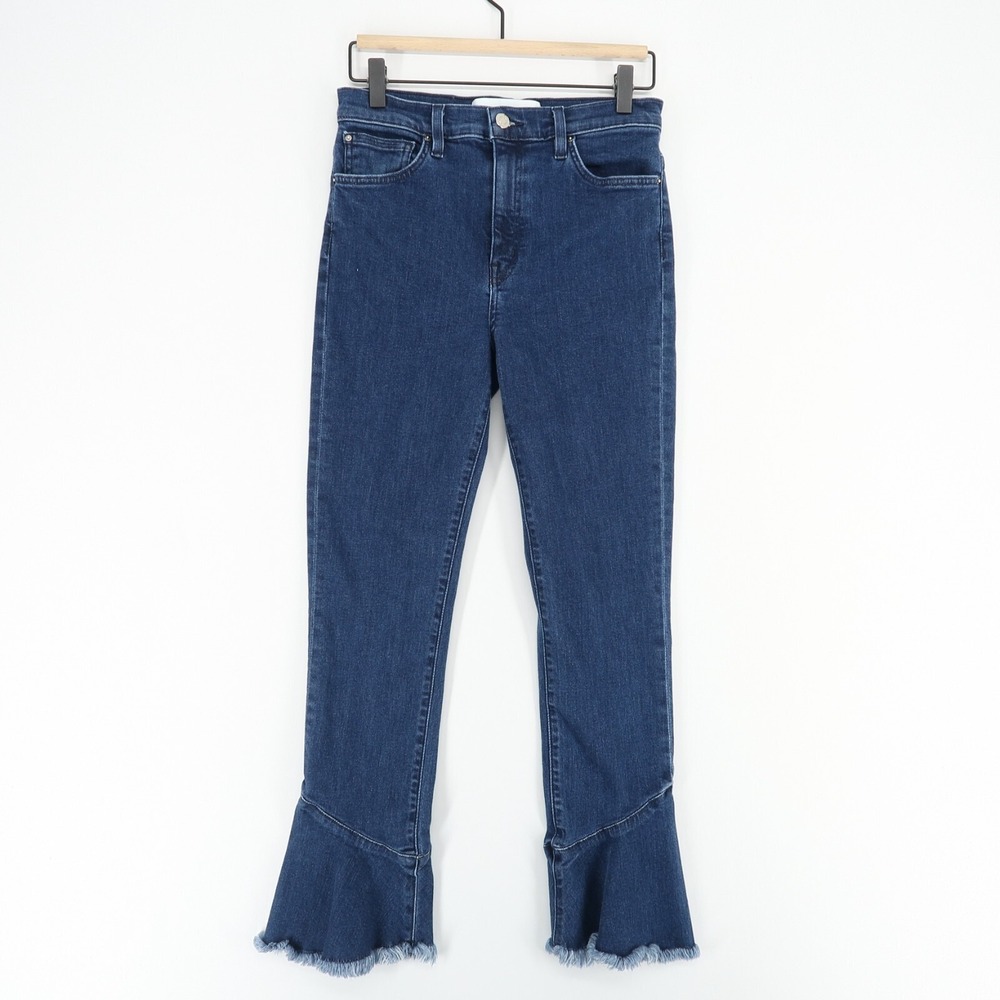 IRO Berry Jeans Womens 28 Blue Ruffle Fringed Flare High Rise Stretch Made USA